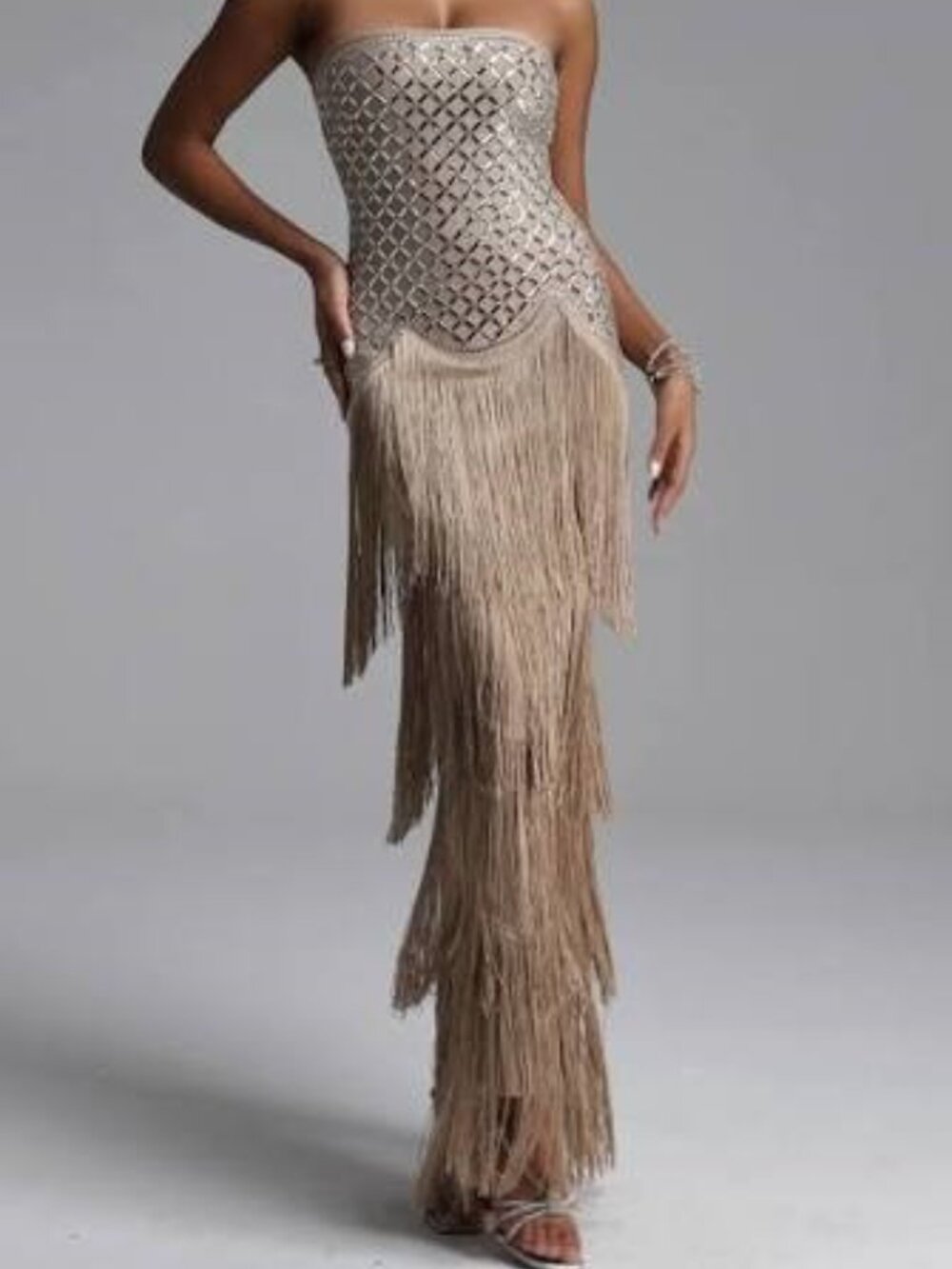 Bella Barnett, Fringe Rhinestone Midi Dress, with rhinestone choker, size S